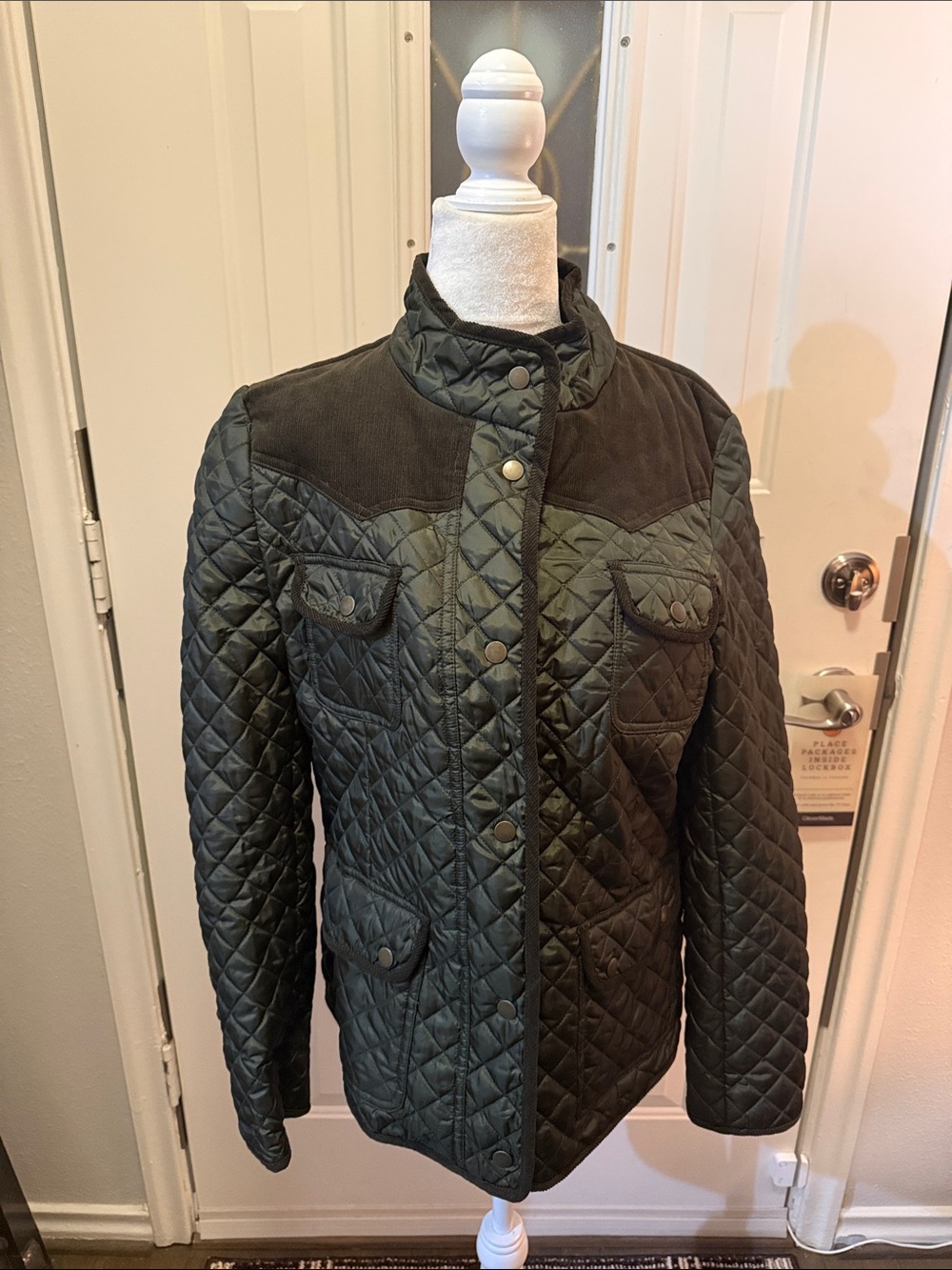 Kut from the Kloth Quilted Utility Jacket in Dark Olive with Brown Corduroy Trim